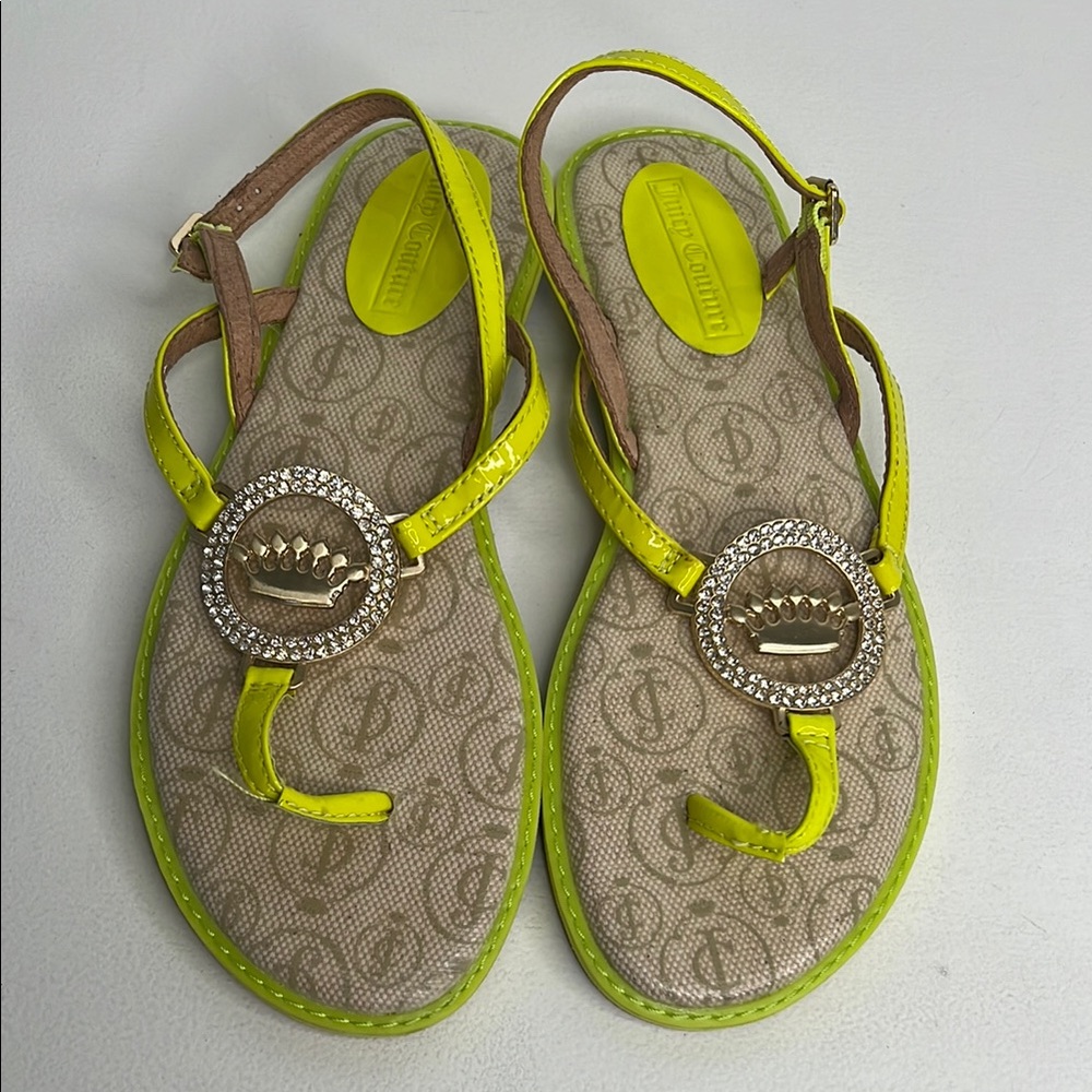 Juicy Couture neon yellow crown bling gems thong sandal size 9